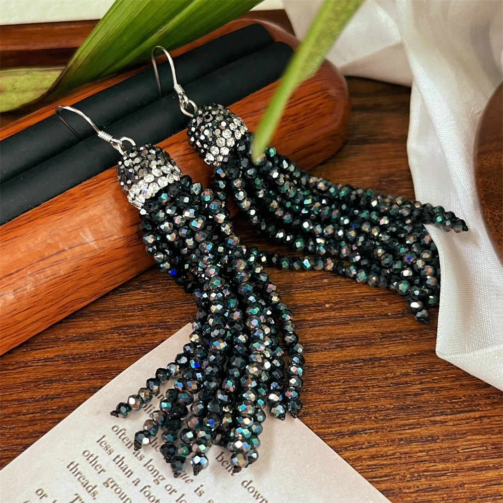 Hot Handmade Beaded 925 Silver Hook Crystal Beads Tassel Earrings Rice Crystal Grey Color Rhinestone Dangle Earring for Women