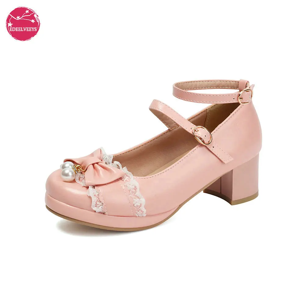 

Women Lolita Halloween Cosplay Shoes Buckle Strap Block Heel Mary Jane Lace Ruffles Pumps Girls Cute Christmas Gift Outfit