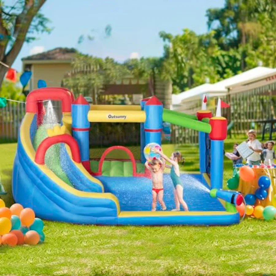 6-in-1 inflatable water slide for backyard use, PVC material, blue and yellow, quick 2-minute inflation with integrated splash