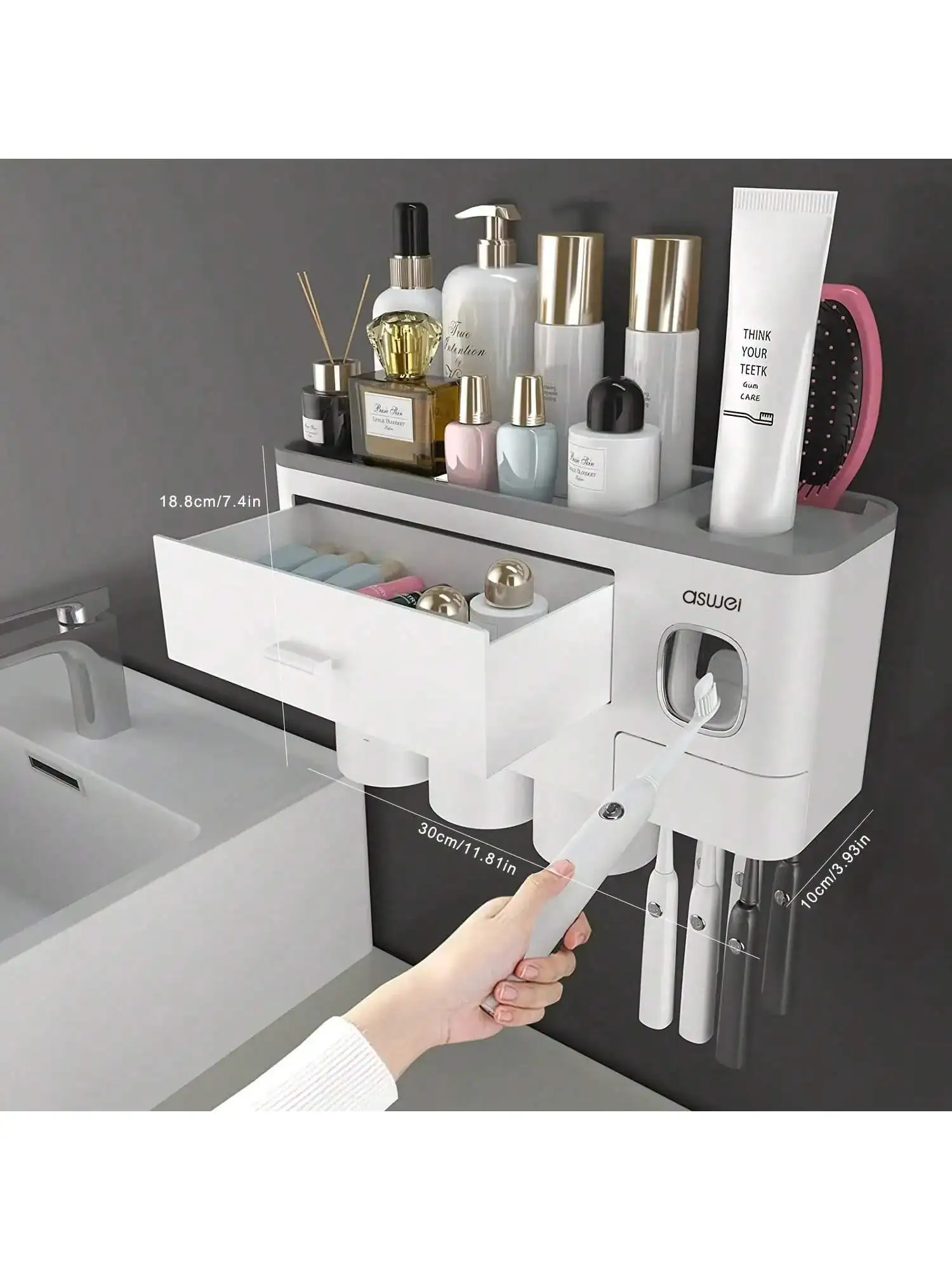 حامل فرشاة الأسنان مثبت على الحائط بدون مثقاب - منظم حمام 2 في 1 مع عصارة معجون الأسنان ورف تخزين #2