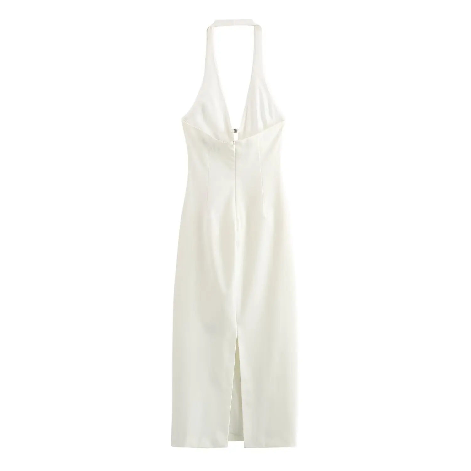 Vestido Midi de Pescoço Encosto Feminino, Sem Mangas, Zíper Traseiro, Ajuste Fino, Branco, Sexy, Retro, Nova Moda, 2024