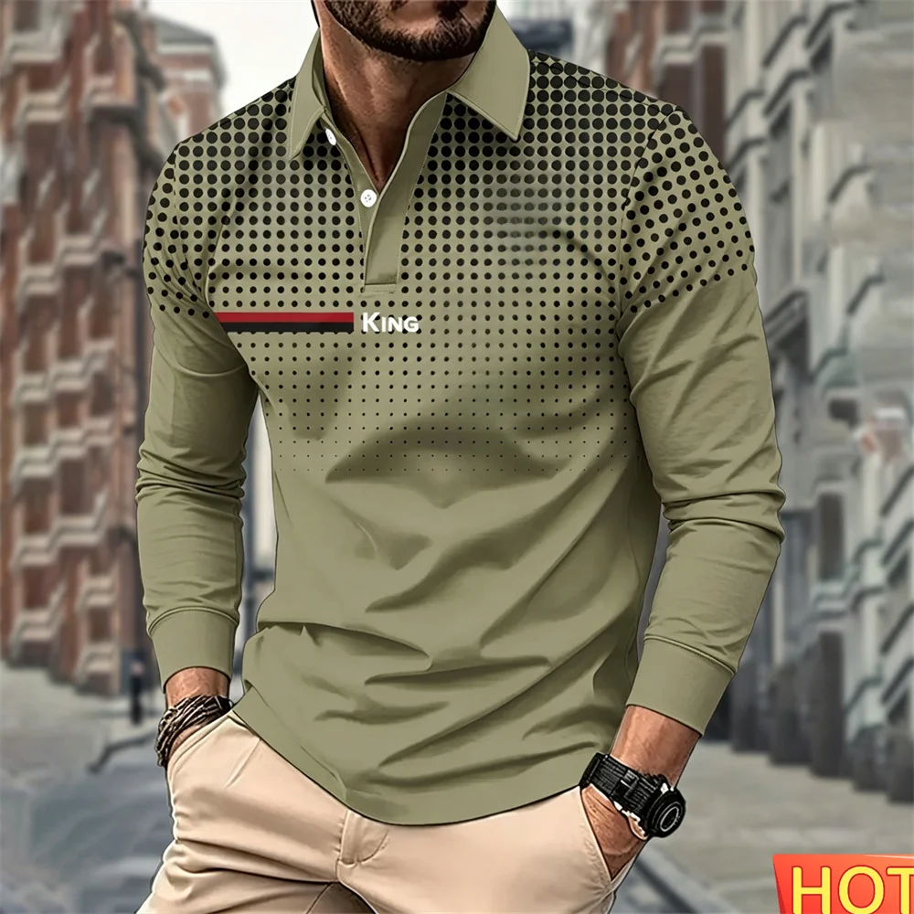 Autumn Winter King Pattern polo Men's Long sleeved Polo Solid Color Men's Polo Men Golf Polos Sportswear Men's Fashion Polo tops