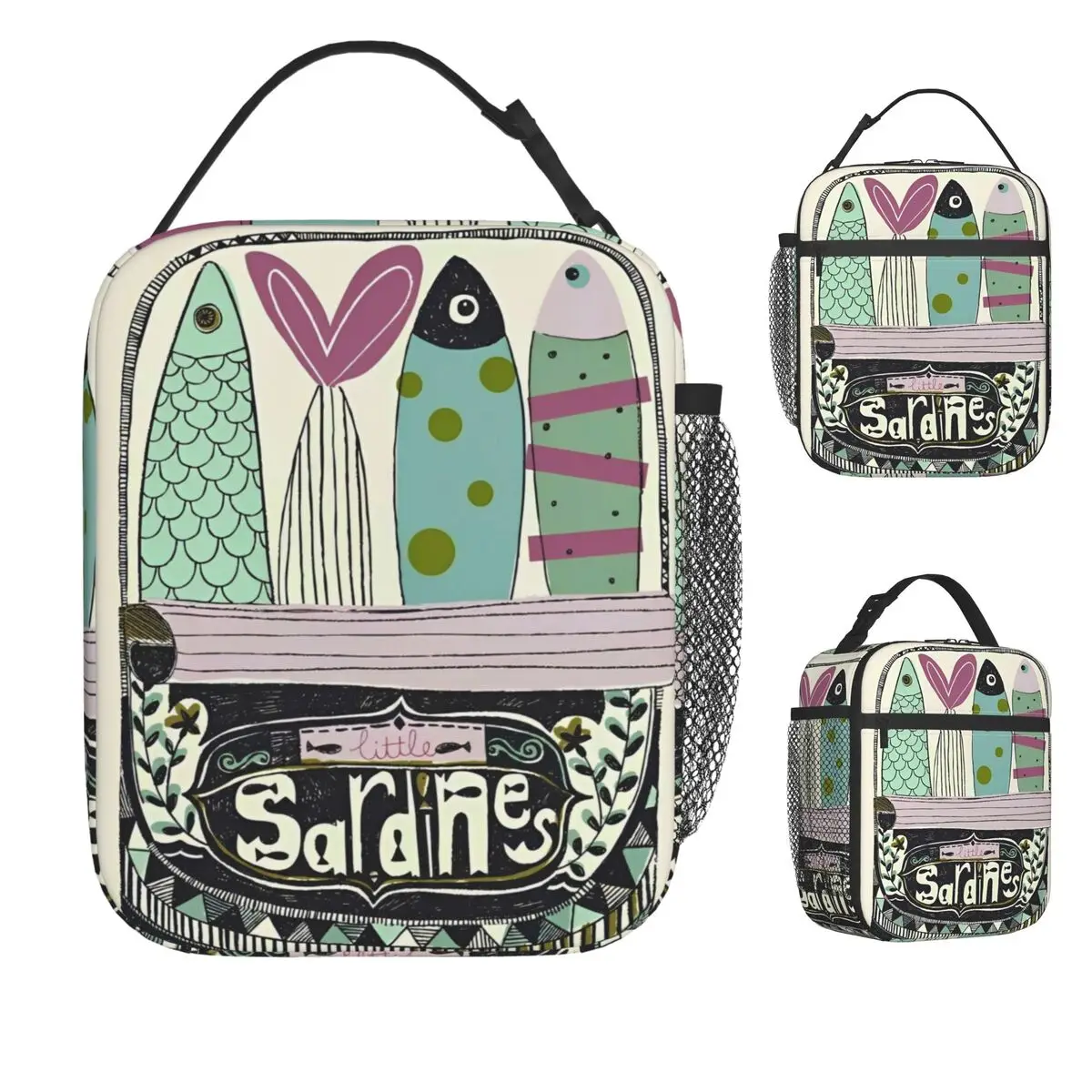 Sardine Colored Lunch Bag Portable Insulated Lunch Box Office Graphic Design Cooler Bag Vintage Oxford Thermal Lunch Bags