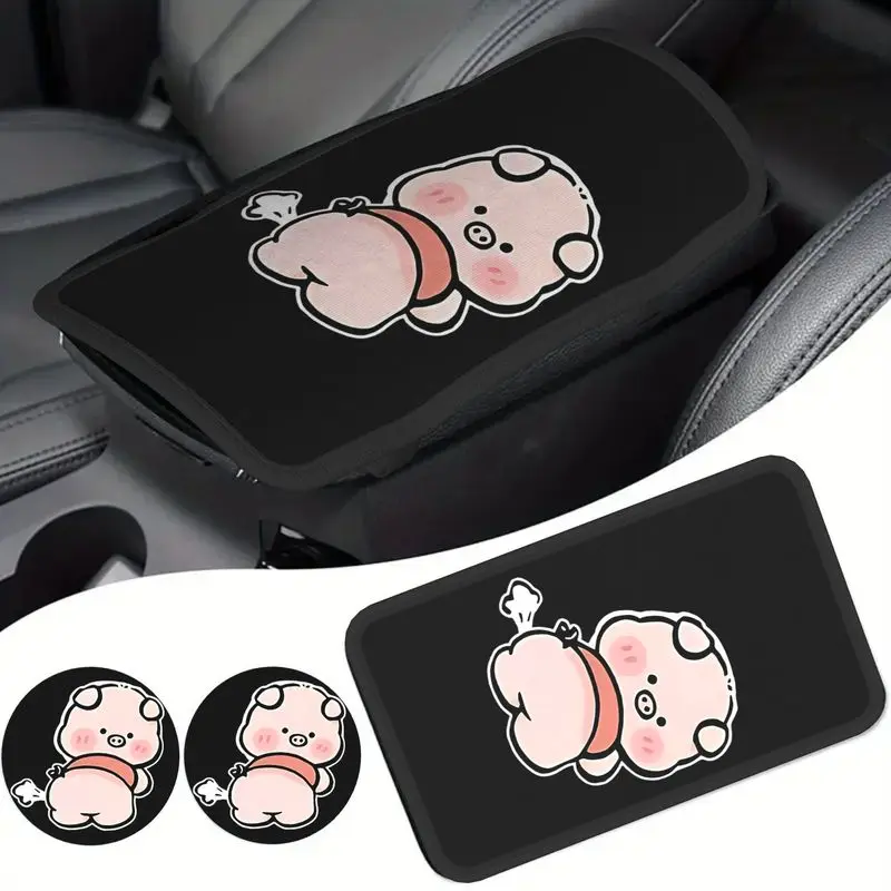 1Pc Car Armrest Cover And 2Pcs Cup Coasters, Cute Pig Pattern, Car Interior Accessories