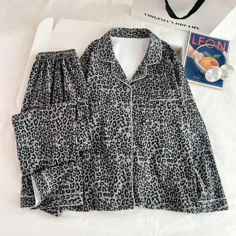 

Korean Style Homewear Set Women's Pajamas Thickened Leopard Print Cardigan Minimalist Autumn Winter Girl's Student Sleepcoat