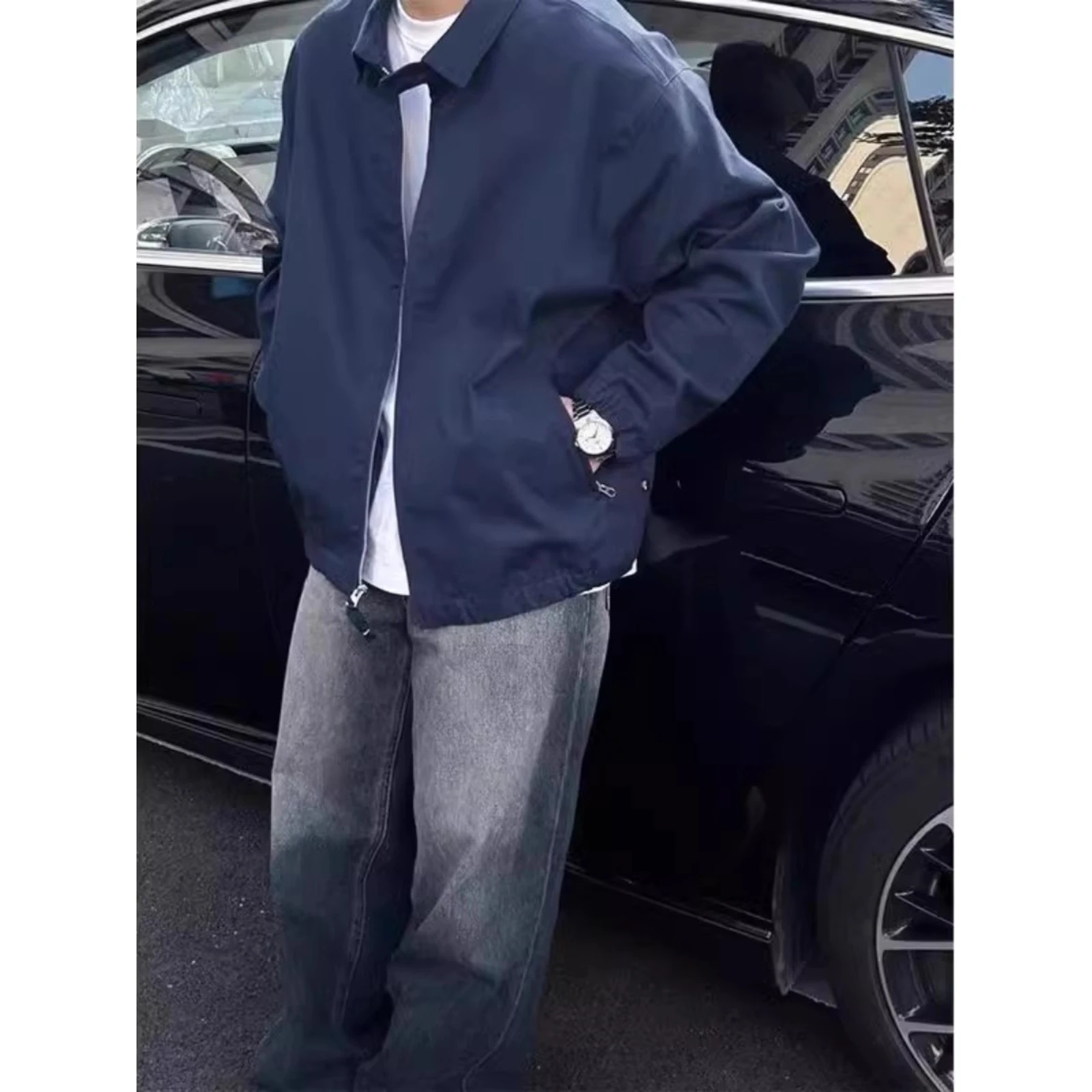 

Extra Large 300 Pou Men's Jaet Couple Outerwear with Stripe Splicing Retro Collar Autumn Winter Thiened Polyester