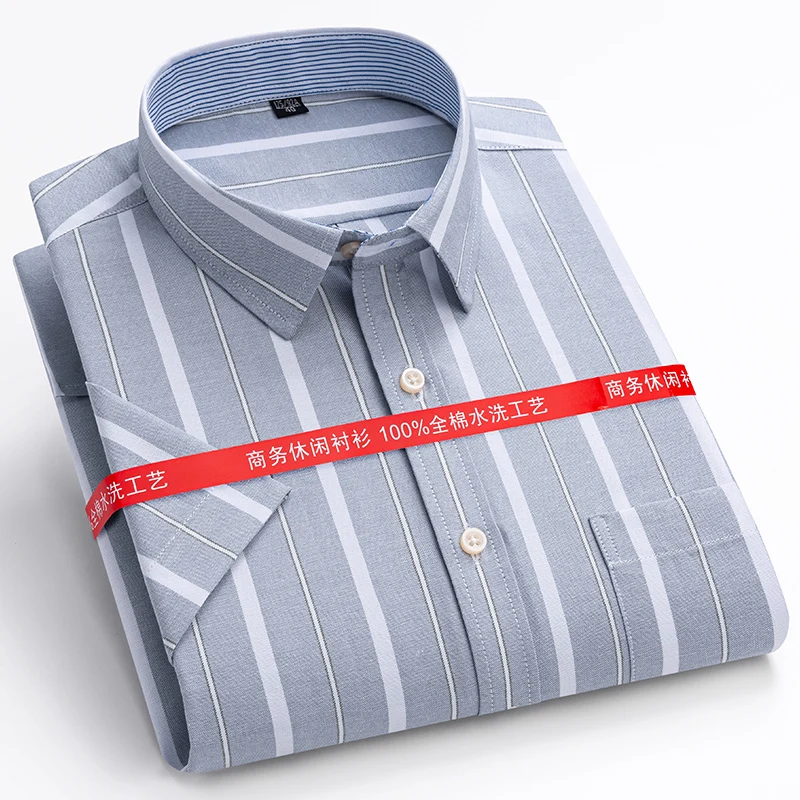 Summer New Men\'s Oxford Shirts Short Sleeve 100% Cotton Plaid Soft Regular Fit Formal Dress Shirt Social Blouse Male Clothing