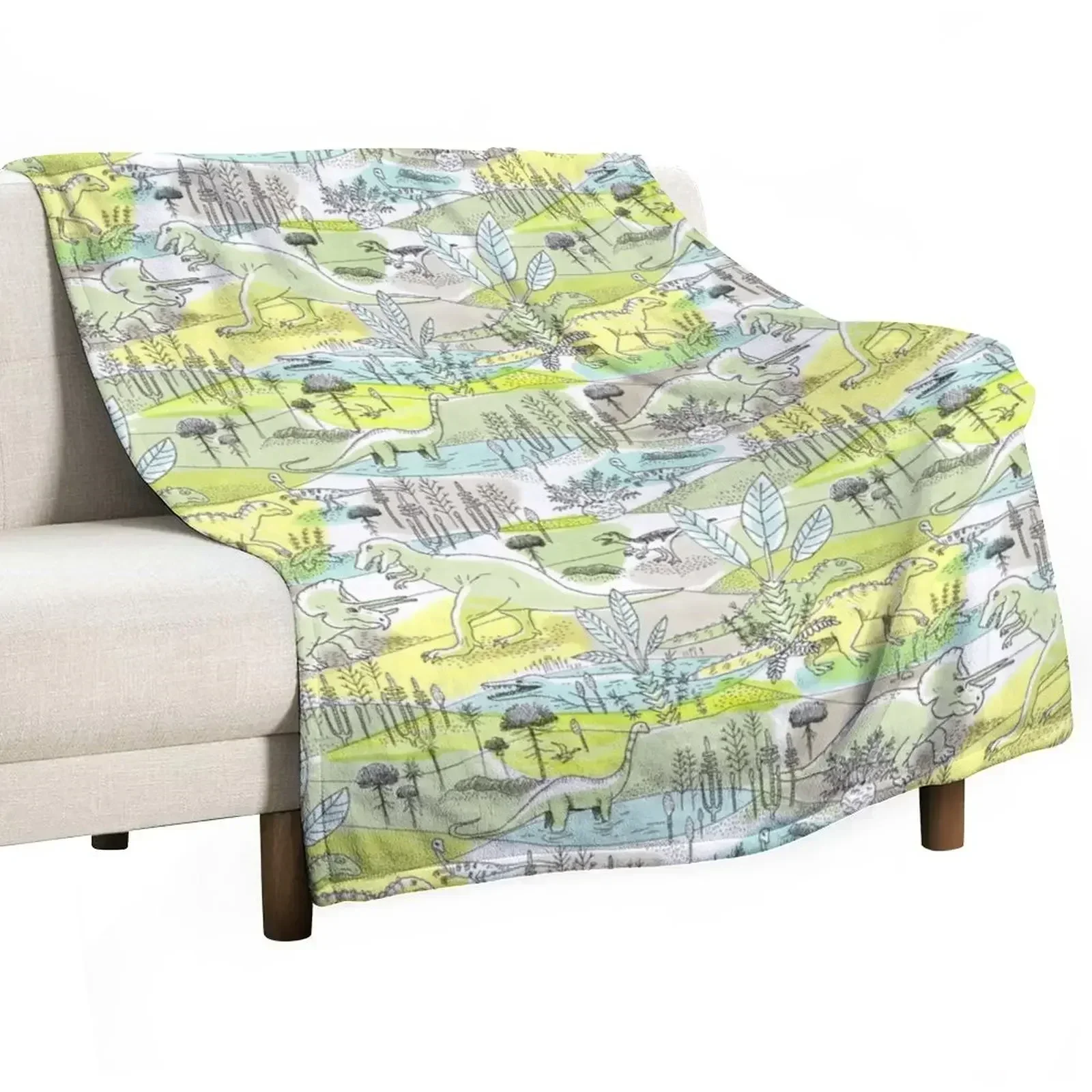 Dinosaurs in a Prehistoric Jungle with Tyrannosaurus Rex and Triceratops Throw Blanket Furry Sofa Throw Blankets