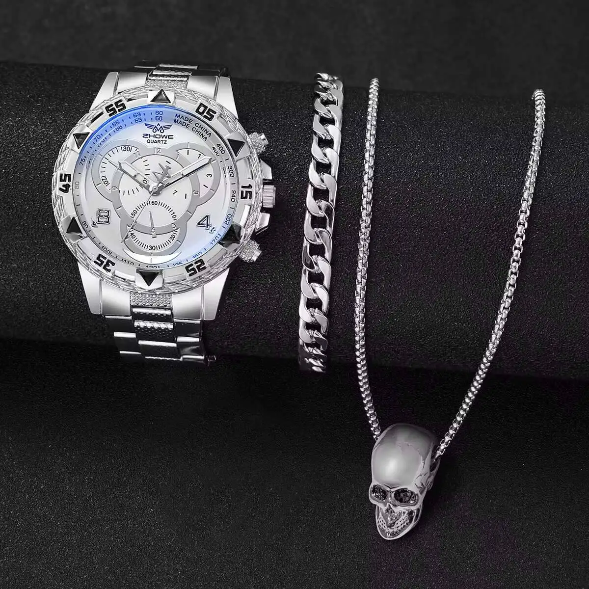 남성용 비즈니스 시계 패션 스틸 밴드, 쿼츠 시계 쥬얼리 세트, 박스 없음, 3PCs/세트