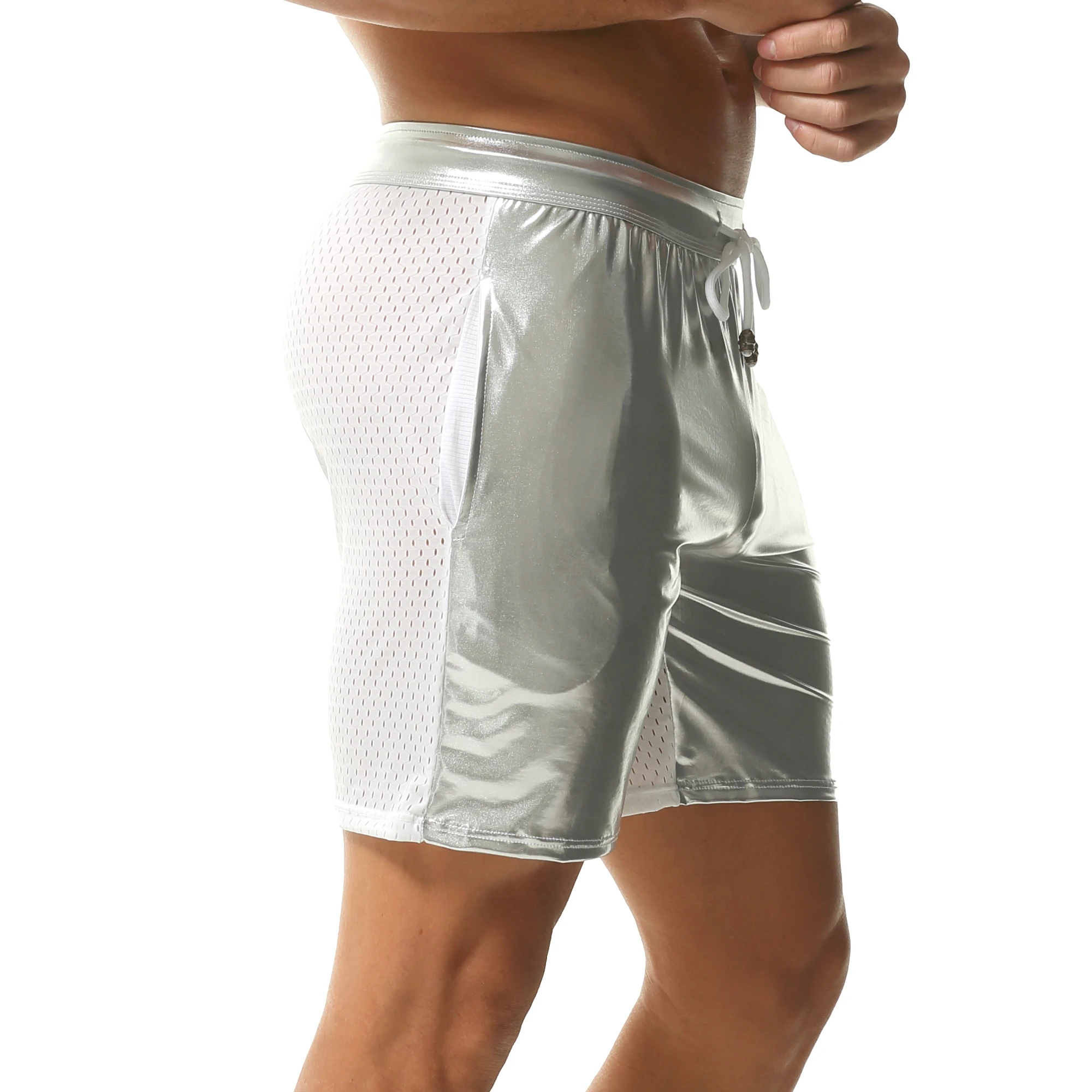 

Мужские модные дышащие сексуальные шорты для фитнеса и повседневной носки, с блестящими вставками из сетки и искусственной кожи, с карманами и шнурком