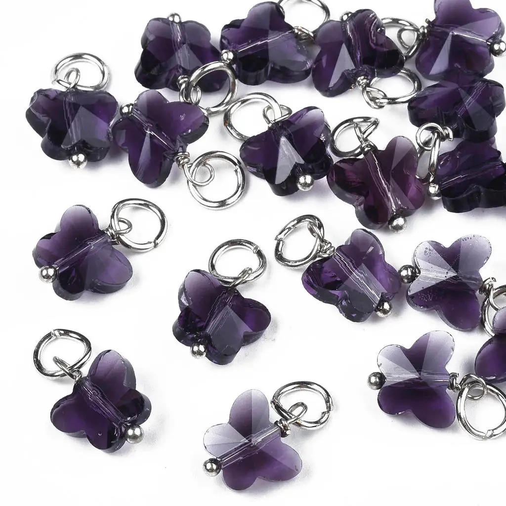 50Pcs Mixed Color Faceted Transparent Glass Butterfly Charms With Iron Jump Ring for Necklace Jewelry Findings 13~14X9.8X6mm
