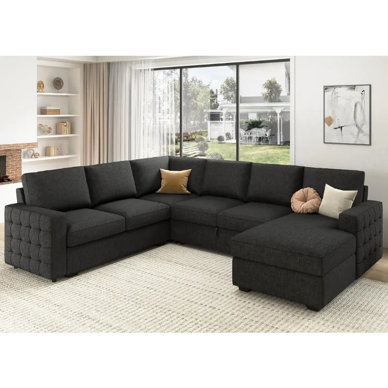 Sectional Sleeper Sofa with Pull Out Bed U-Shape Sectional Couch Sleeper Bed with Storage Chaise 6 Seater Sleeper Sectional