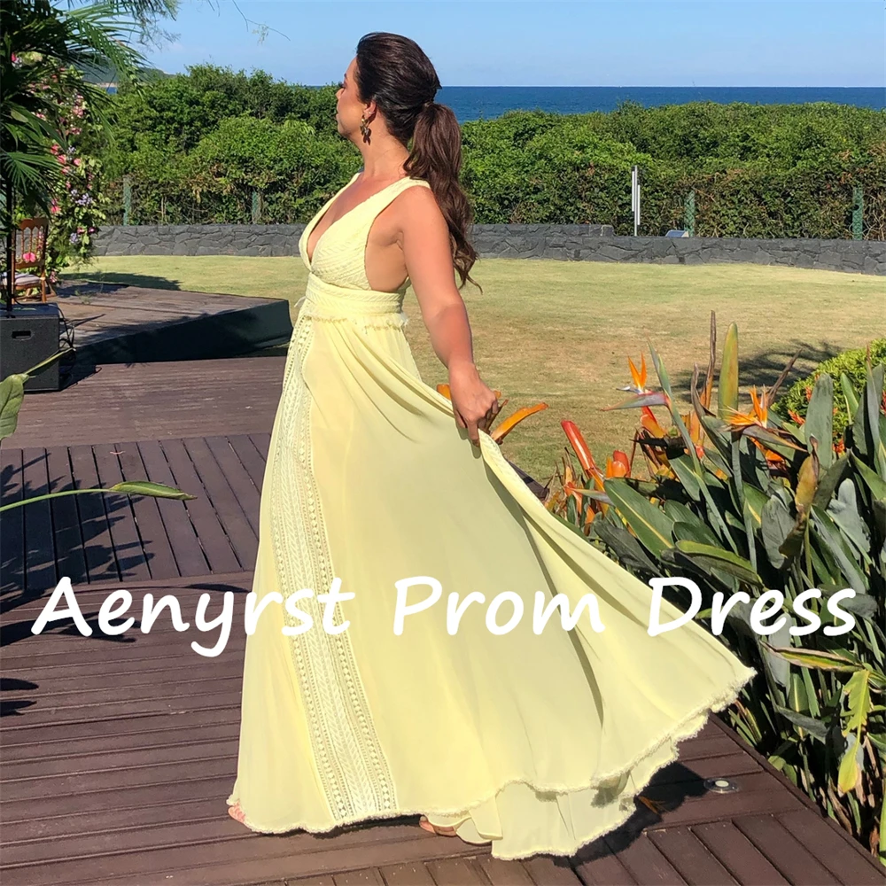 Aenyrst Yellow V Neck A Line Prom Dresses For Women Spaghetti Strap Chiffon Holiday Gowns Floor Length Dinner Party Dresses 2024