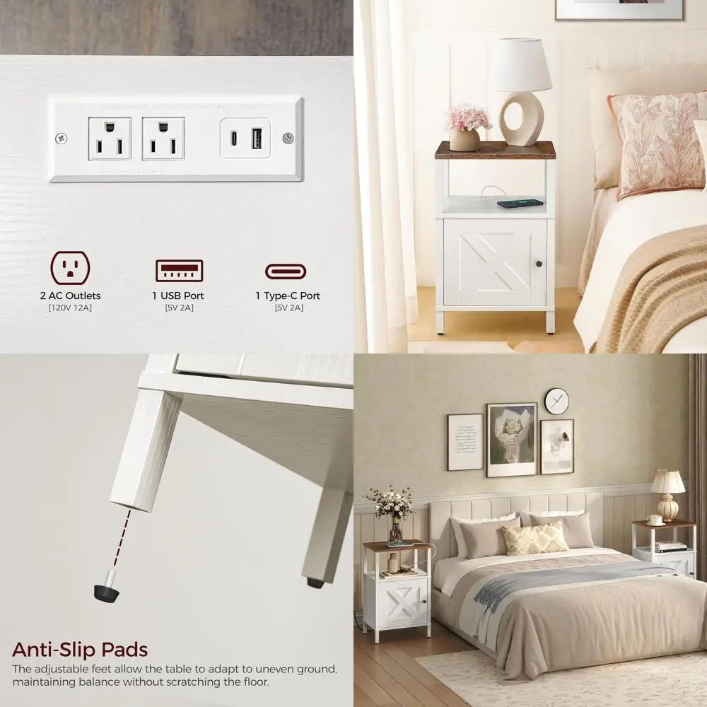 

Белая прикроватная тумбочка в стиле фермерского дома с USB и Type-C портами для зарядки и местом для хранения для спальни