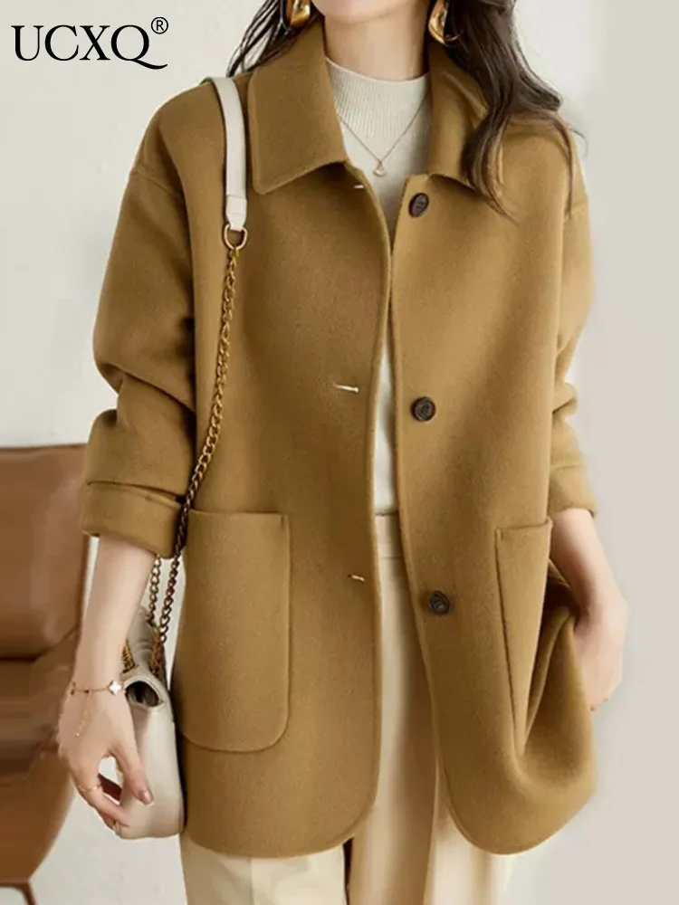 

UCXQ однобортное шерстяное пальто в корейском стиле с длинными рукавами, универсальное повседневное женское зимнее пальто 2024, осеннее новое пальто 16O2708