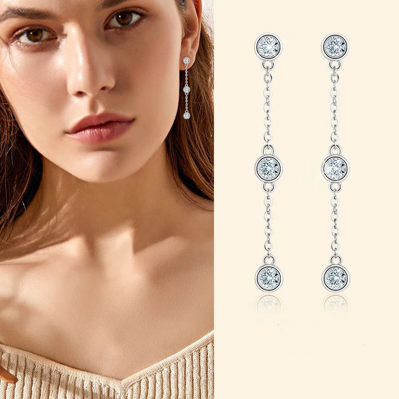 

D VVS1 длинные серьги-гвоздики с муассанитом для женщин, комплект из серебра 925 пробы, цепочка с кисточками, серьги, аксессуары, ювелирные изделия