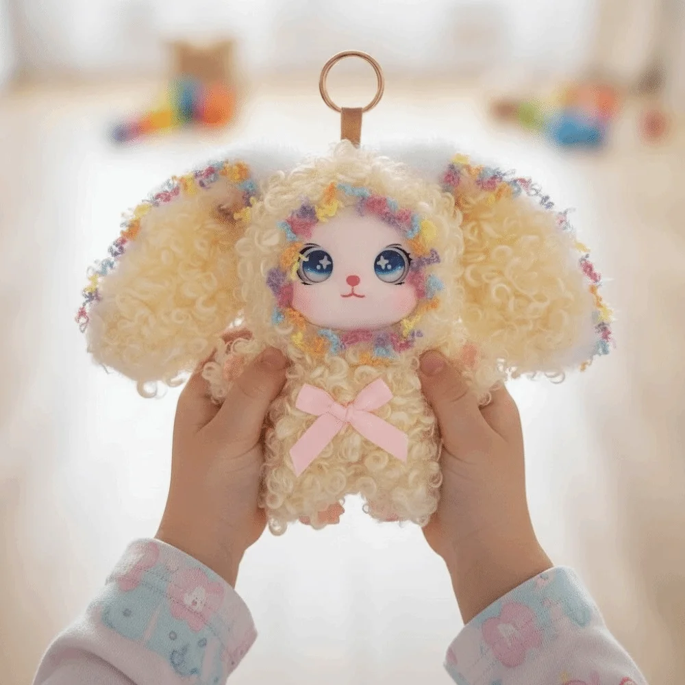 Big Ear Curly Hair Rabbit Figures Ornaments Decorations Rabbit Keychain Collectible Fluffy Bunny Pendant Backpack Decor