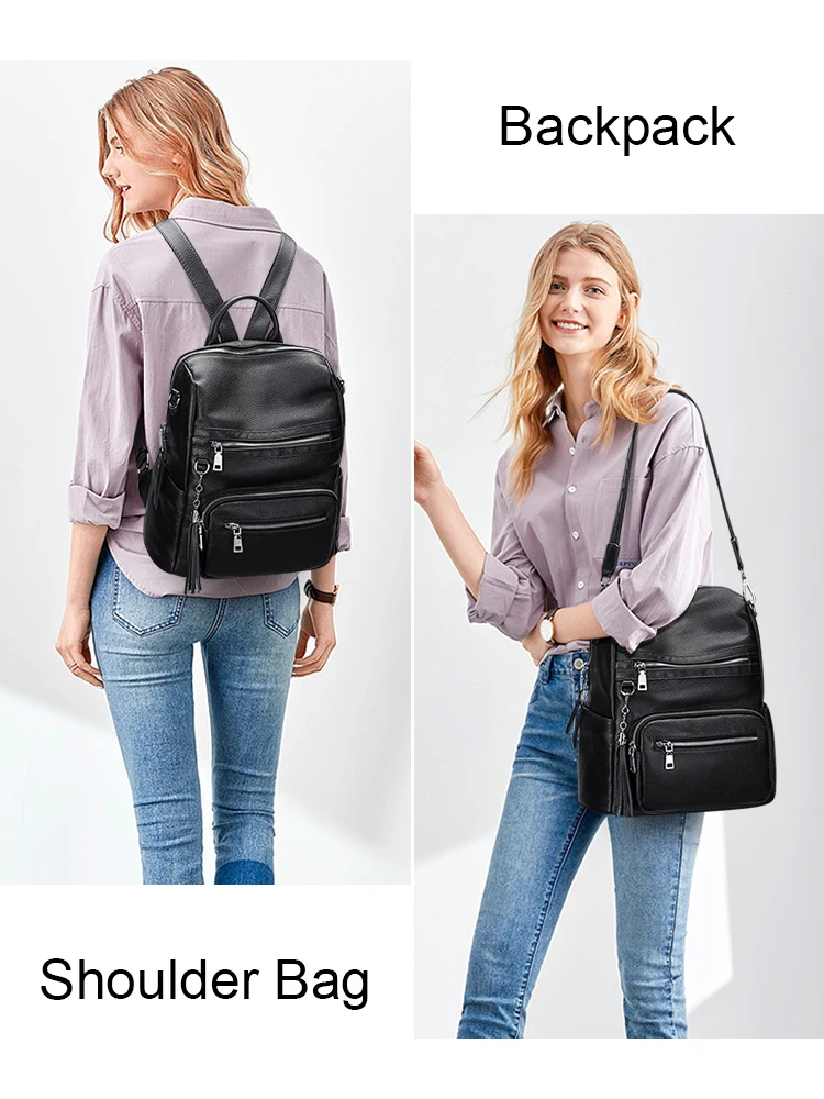 DOLEESUNE-mochila de piel auténtica para mujer, bolso de hombro de gran capacidad con borla y múltiples bolsillos