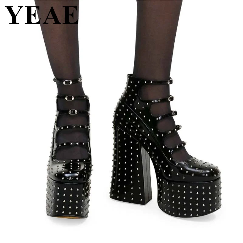 

Punk Rivet Buckle Strap Women Pumps Platform Thick Heel Shoes Hollow Out Ladies High Heels Black White Round Toe Party Shoes