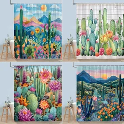 Cactus Watercolour Print Shower Curtain Desert Green Plants Rustic Planks Bohemian Vintage Shower Curtains Bathroom Home Decor