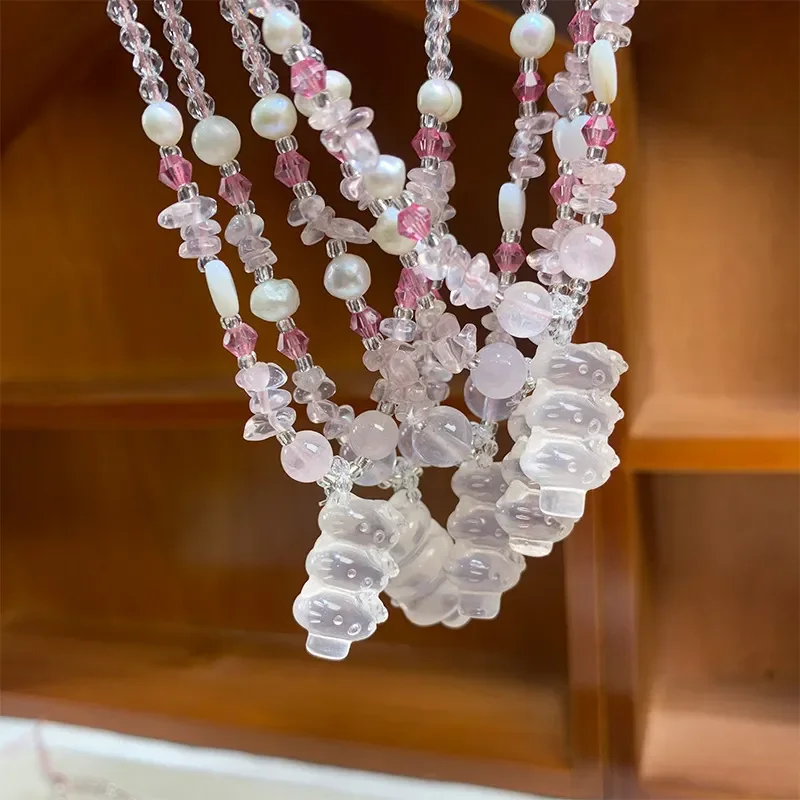Powder crystal necklace exquisite three-dimensional cat beaded neck chain cute sweet pink crystal kitty sweater chain