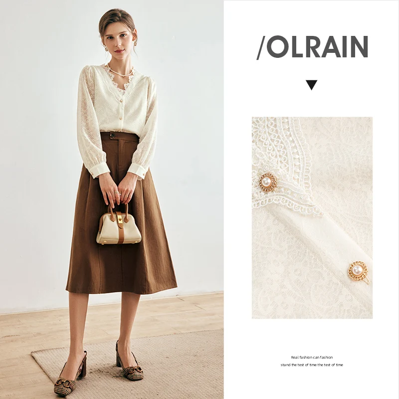 OLrain Lace Women's Shirts Spring 2025 New Retro Style Commute Loose Fit Elegant V-neck Long Sleeve Shirts & Blouses O22QX63301