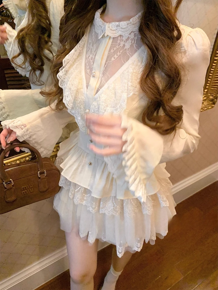 

Осенний французский элегантный сладкий комплект из 2 предметов для женщин, горячая девушка, сексуальные топы с длинными рукавами + мини-юбка Y2k, корейская модная юбка, костюмы, новинка