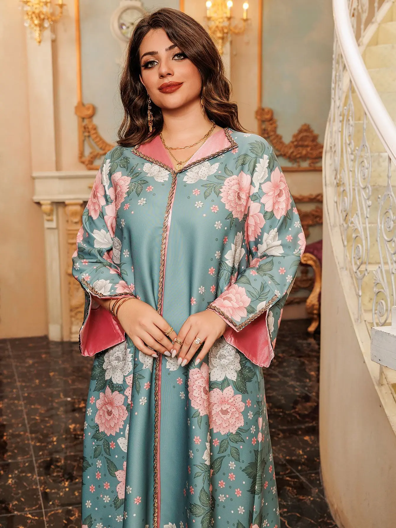 New Designer Sequins Abaya Kaftan Muslim Women Embroidery Long Dress Kurti with Priting floral Belt And Fancy Brouch Kurti Set