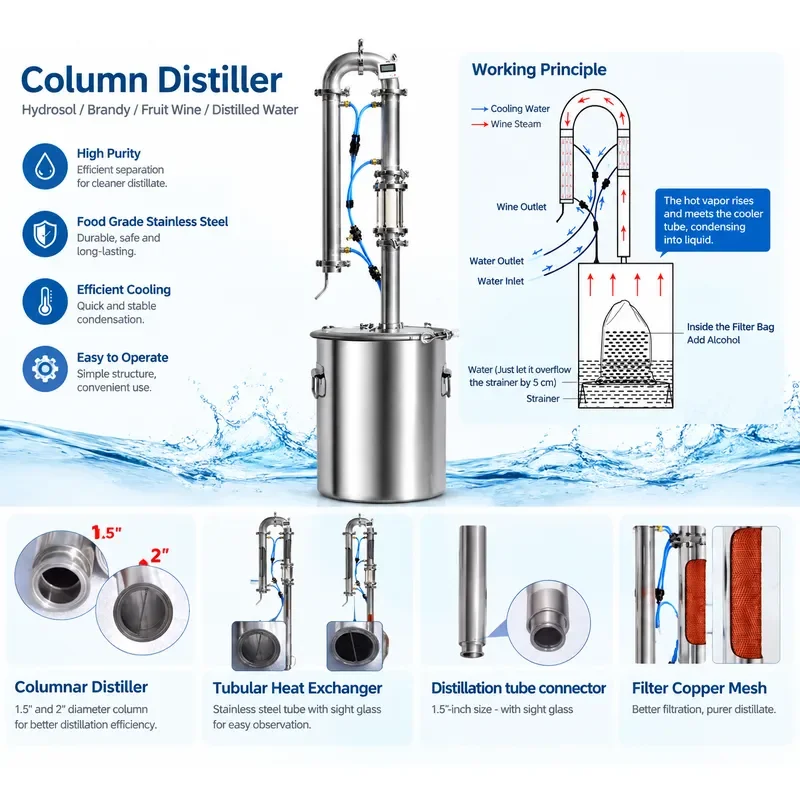 Vodka Distillation Tower Brewing Equipment Stainless Steel Alcohol Still Home Brew Distiller for Whiskey Moonshine Spirit