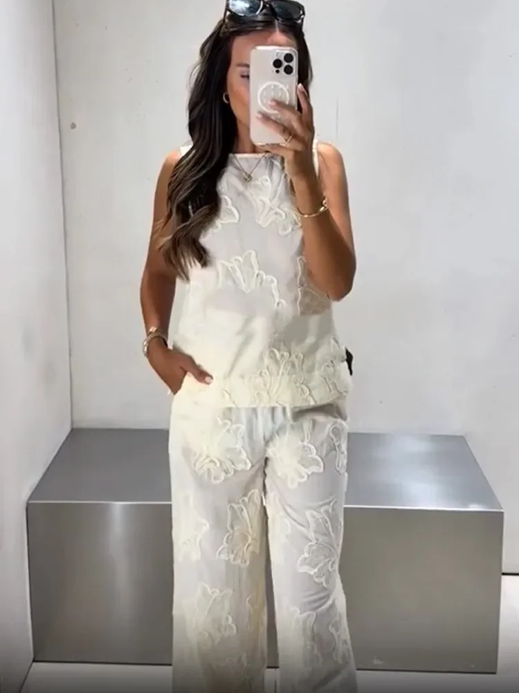 Conjuntos de pantalones de pierna ancha de Jacquard marrón para mujer, chaleco holgado informal sin mangas con cuello redondo, trajes para mujer, prendas de vestir exteriores de calle diarias 2025