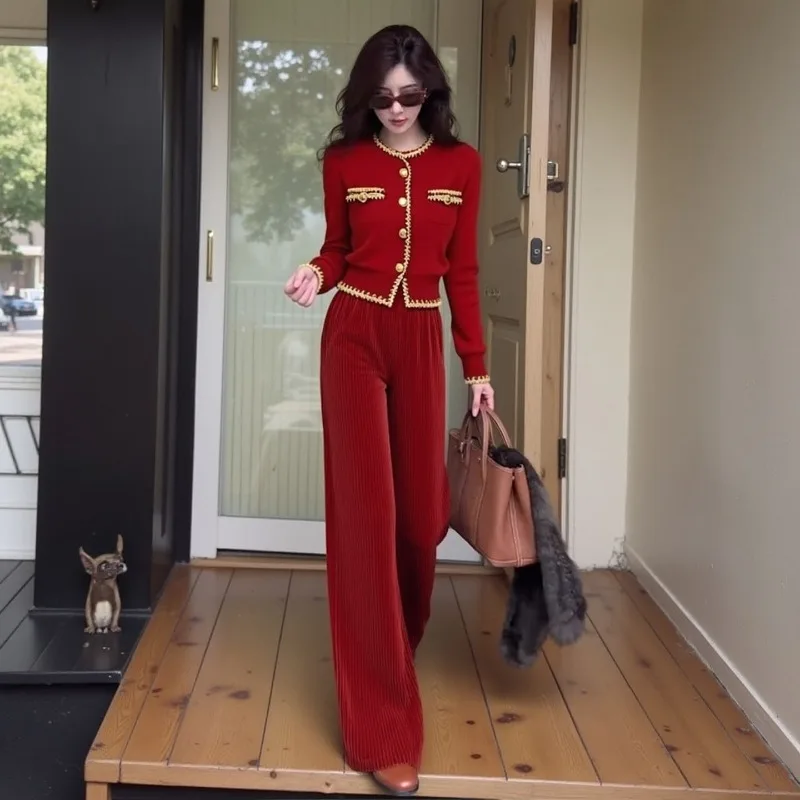 Rich Family Daughter Fall Winter Small Fragrance Age-reducing Temperament Red Knitted Sweater Corduroy Wide-leg Pants Suit Women