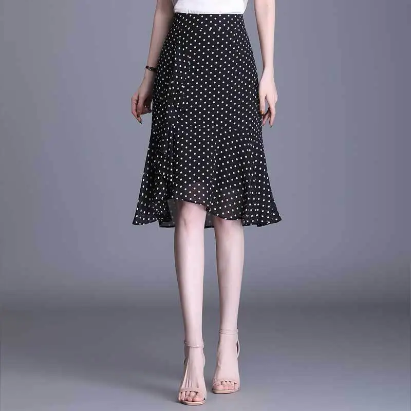 Women Polka Dot Chiffon Fishtail Skirt High Waist Slim Midi Irregular Hem Summer 2022 New Pencil Half Skirt Elegant