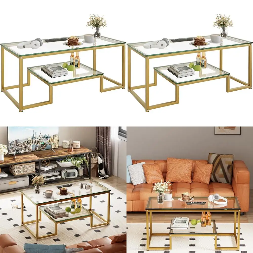 

Элегантный двухуровневый стеклянный журнальный столик с металлическим каркасом для гостиной или домашнего офиса