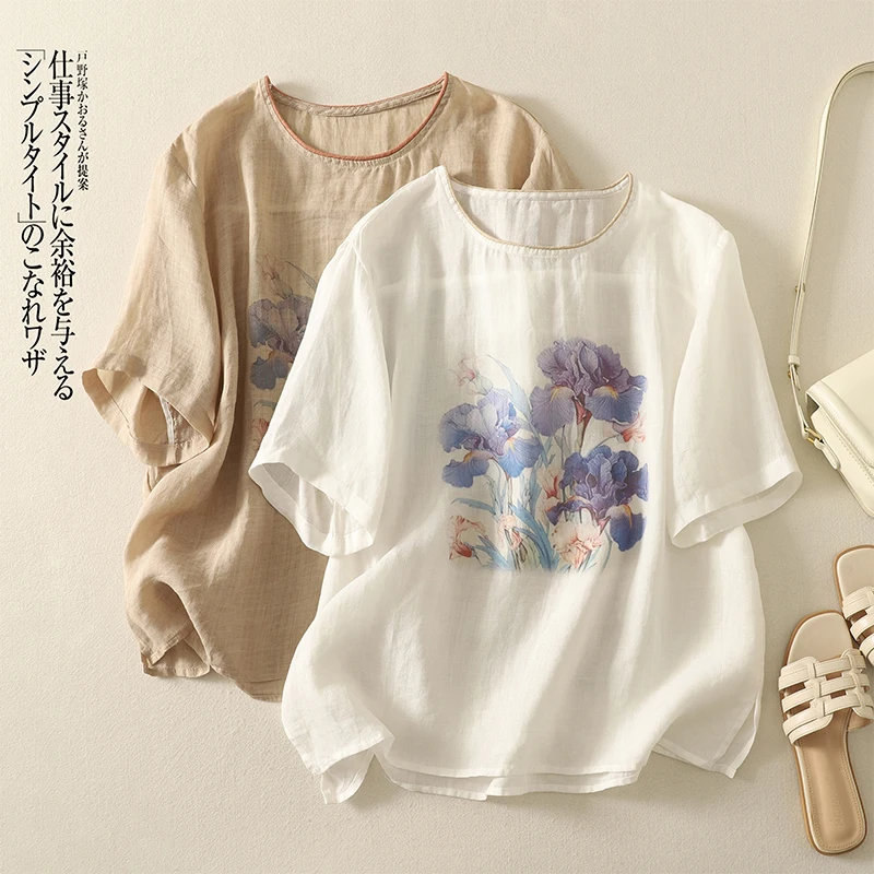 Cotton Linen T-shirt Women's Summer New Korean Version of The Japanese Loose Solid-coloured Short-sleeved Round Neck Printed Top