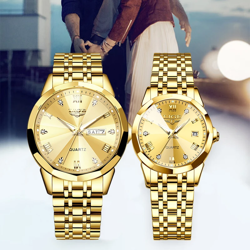 LIGE 2025 TOP new luxury couple watch waterproof luminous casual business men's watch women clock stainless steel gift reloj+BOX
