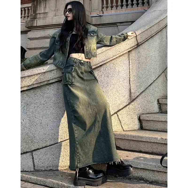 

Female Make Old Washed Two Piece Skirt Set Spring Ladies Long Sleeves Skirts 2PCS Retro Women High Waist Denim Maxi Skirt Outfit
