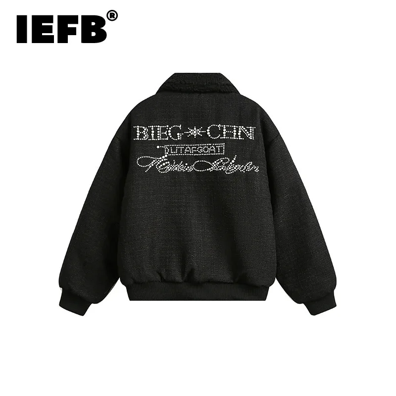 IEFB Niche Design Men's Padded Jackets Back Letter Pearl Decoration Turn-down Collar Loose Thick Contrast Color Male Top CPG2210