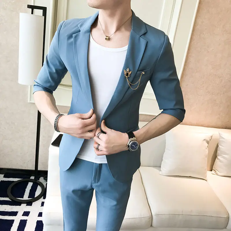 2-B8  Pink summer men\'s slim solid color small suit two-piece suit young hairdrthree-quarter sleeve suit nine-quarter pants