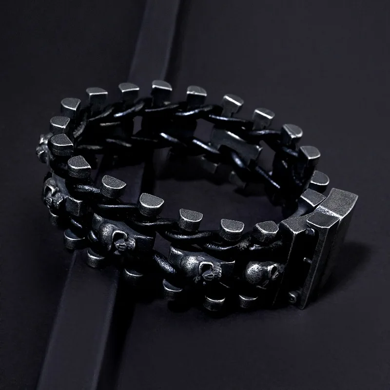 

Men's Stainless Steel Skull Bracelet, Vintage Braided Leather, Bold Punk Style Fashion Jewelry