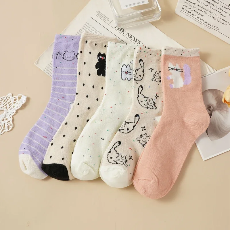 

5 Pairs Cartoon Cute Cat Socks Women Comfortable Socks Fashion Cat Patterns Unique Fun Socks