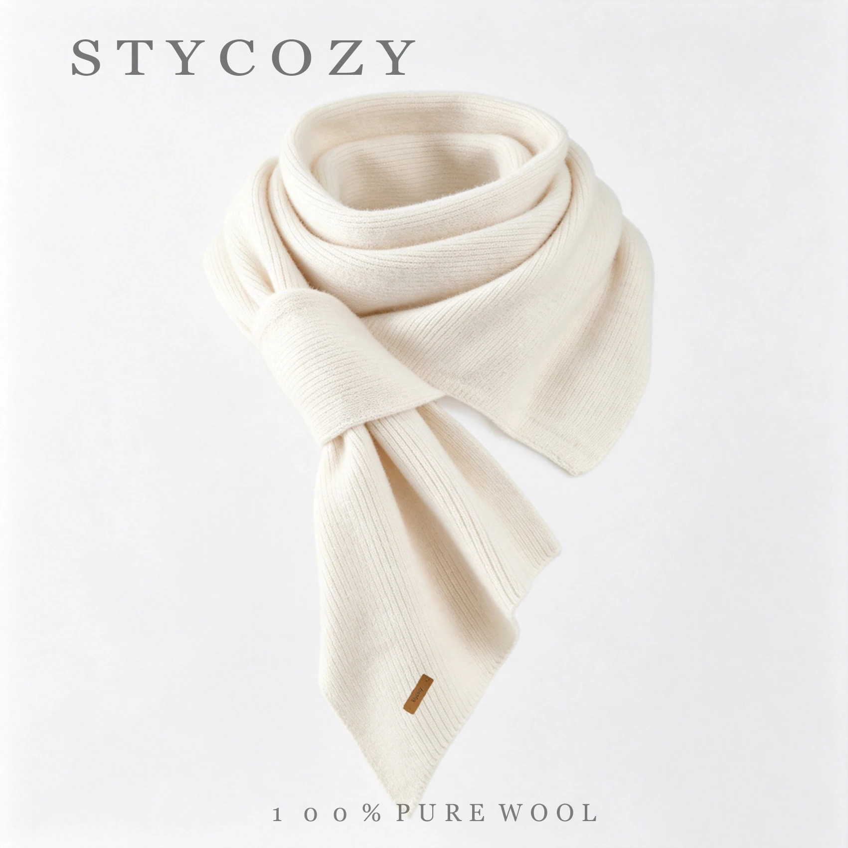 100% Wool Loop‑Hole Knitted Scarf Ribbed Pointed‑Tip Neck‑Wrap Women Fall‑Winter Commuter Warm Yarn Decorative Neck‑Kerchief