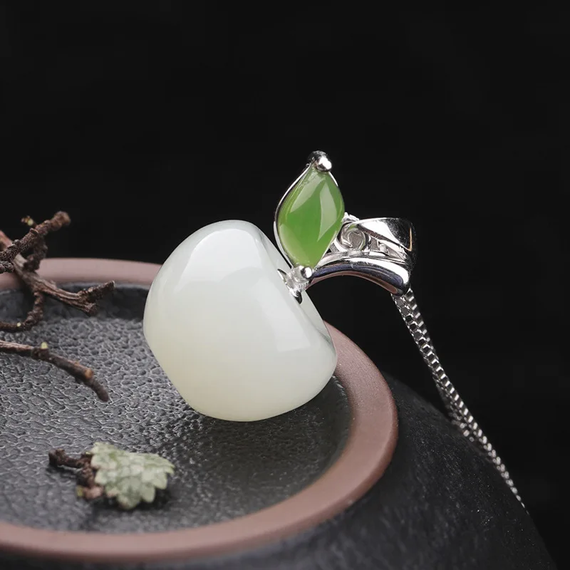 

GL Natural Hetian Jade Fashionable Style Small Apple Jade Pendant 925 Sterling Silver Hetian Jade Necklace Gift