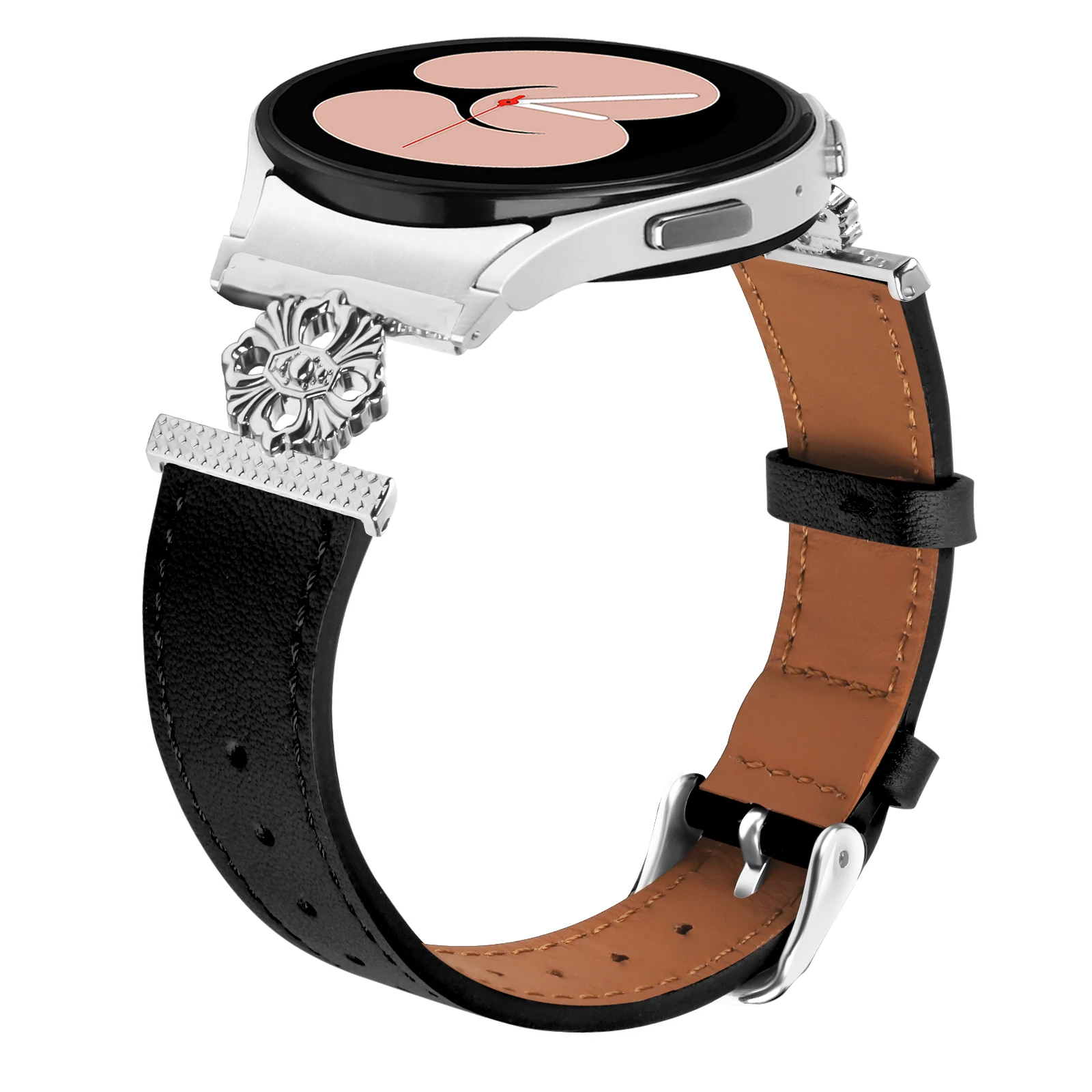 No Gap Strap For Samsung Galaxy Watch 7 6 5 4 Watchband Leather + metal Four Petals Bracelet Band for Watch 5 Pro 45mm 4 Classic image 2