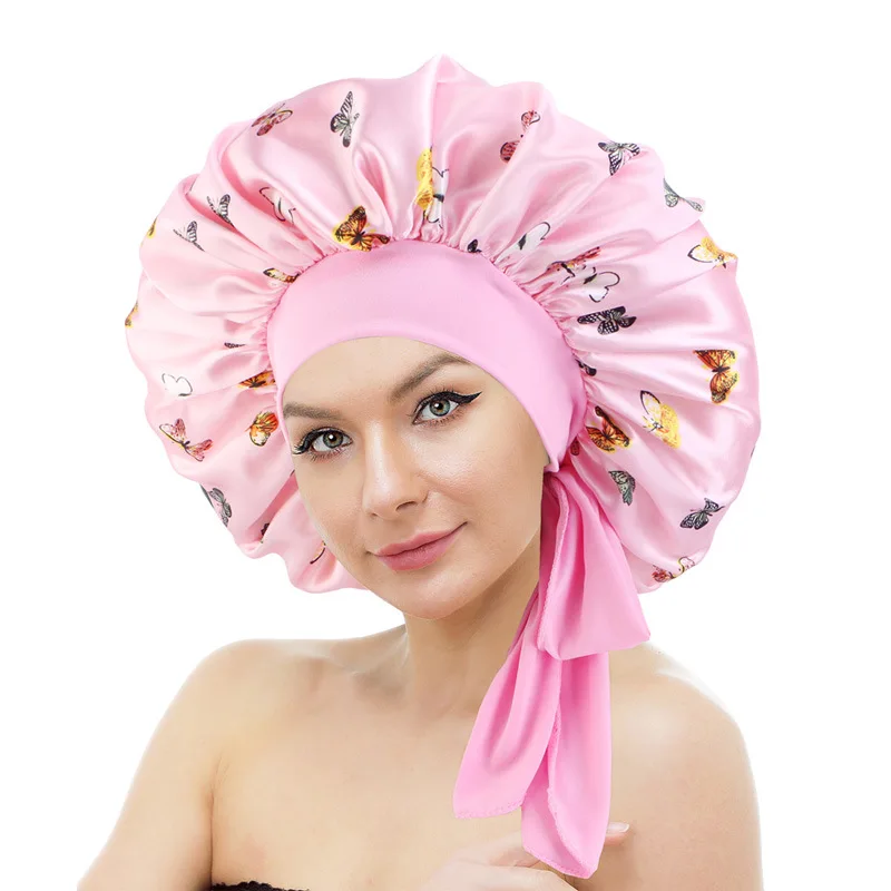 Women Satin Bonnet Hair Bonnet for Sleeping Hair Care Silk Bonnets Solid Wide-brimmed Sleeping Hat with Elastic Soft Band