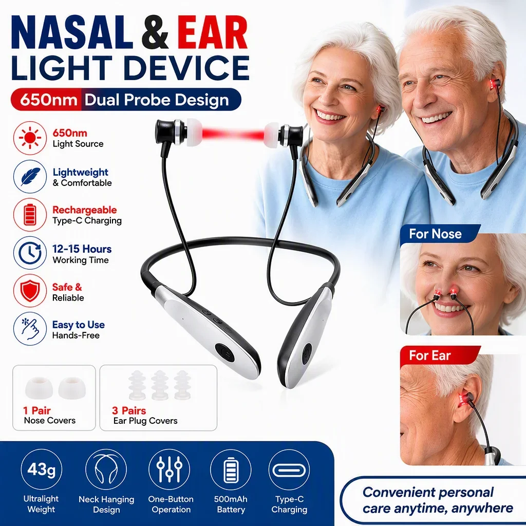 Rechargeable Nasal and Ear Light Device, 650nm Dual Probe Design, Neck Hanging Portable Light Device with Type-C Charging