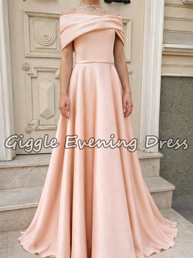 

Elegant High Neck Beading Prom Dress Off-Shoulder Satin Pleat A-line Floor-Length Women's Evening Party Gown for Wedding Customi