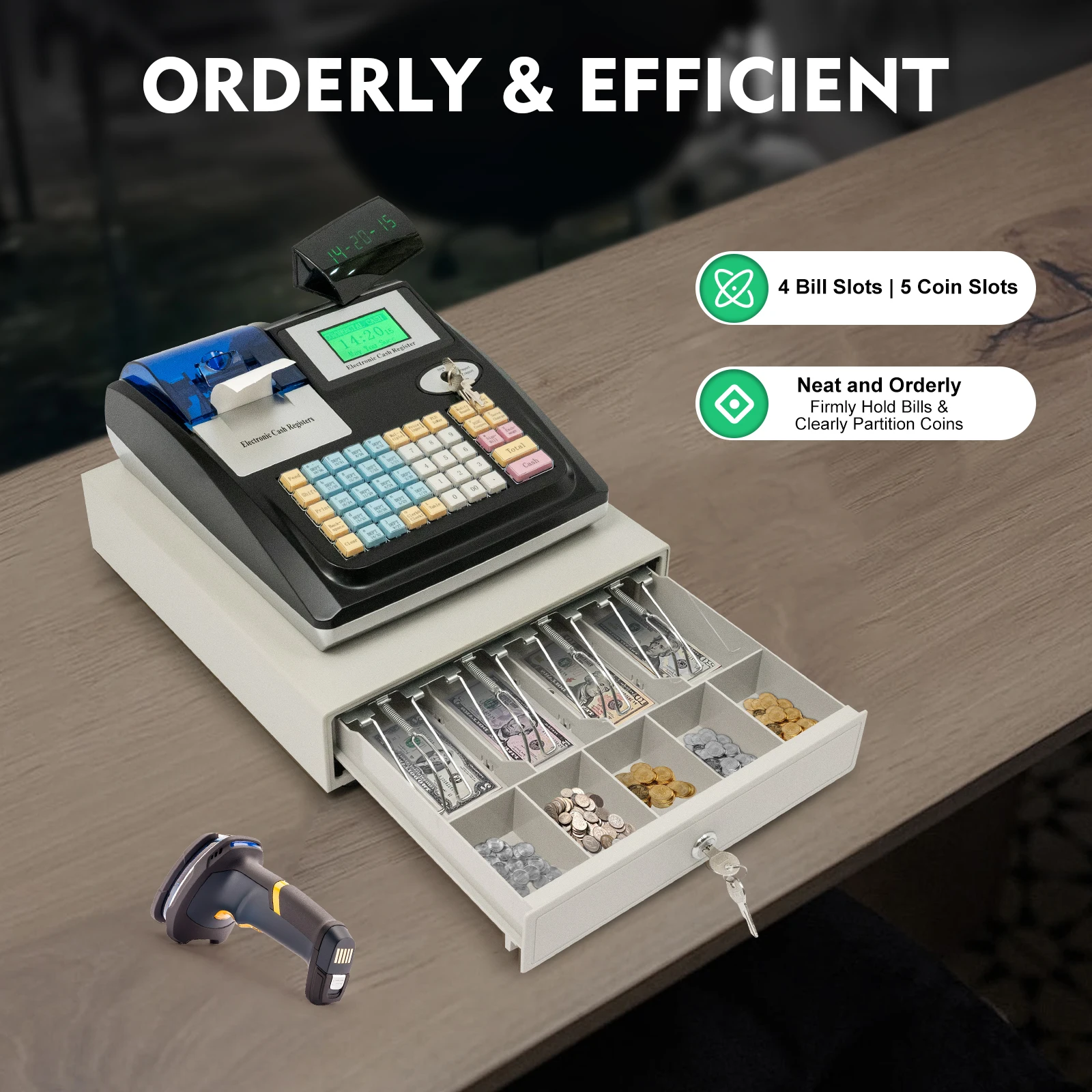 Sturdy Electronic Cash Register with Dual Display Banknote Detector 48 Keys 36 Depts 10K PLUs USB/RS232 Low Power