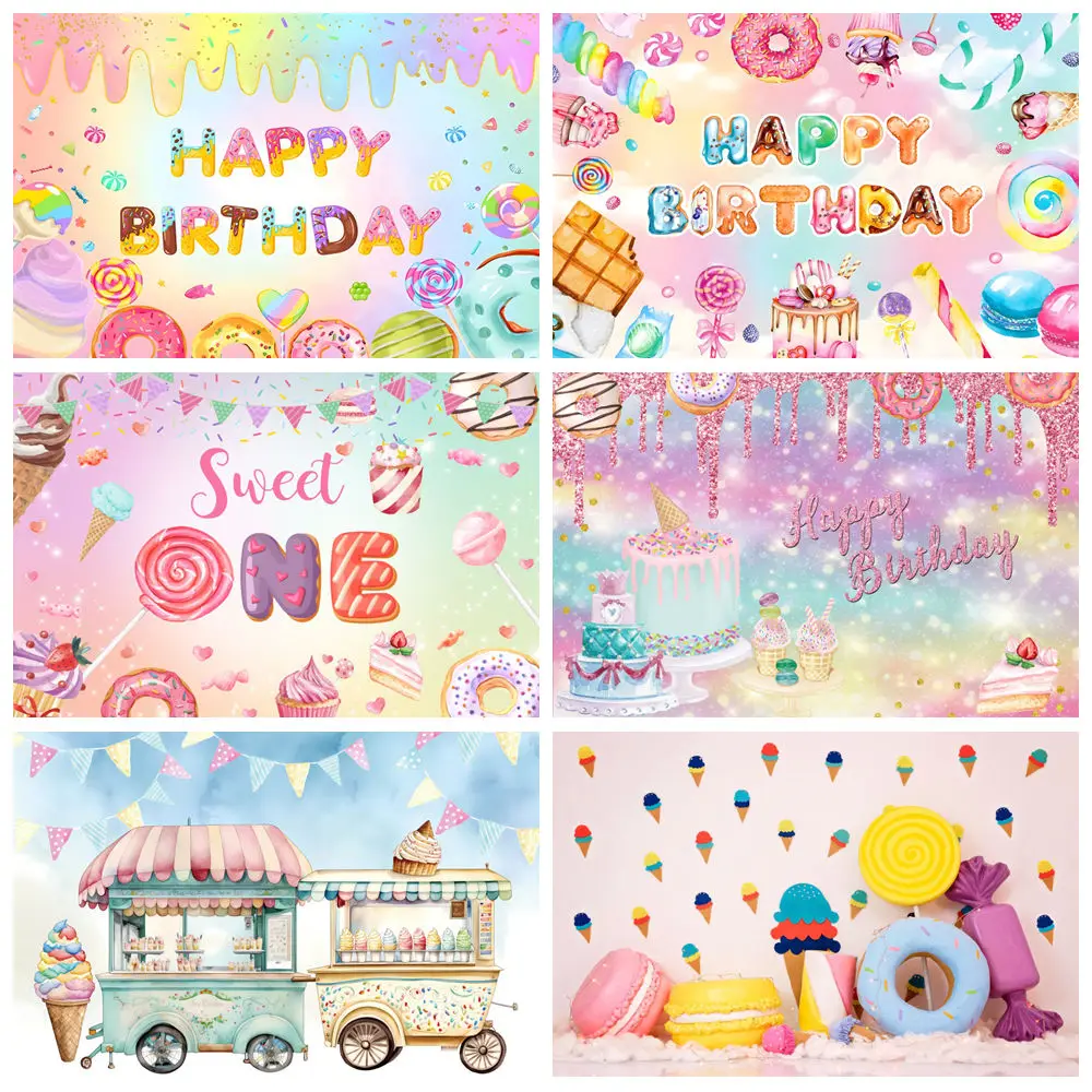 Candy Bar Shop Theme Backdrop Ice Cream Car Cupcake Lollipop Sweet Baby Birthday Party Photography Background Photo Studio Props