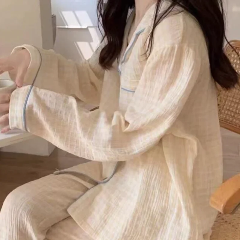 Ensemble de costume de maison ample, Cardigan en tissu crêpe à bulles, pantalon à manches longues, dessin animé étudiant décontracté, 2 pièces, vêtements pour femmes deux