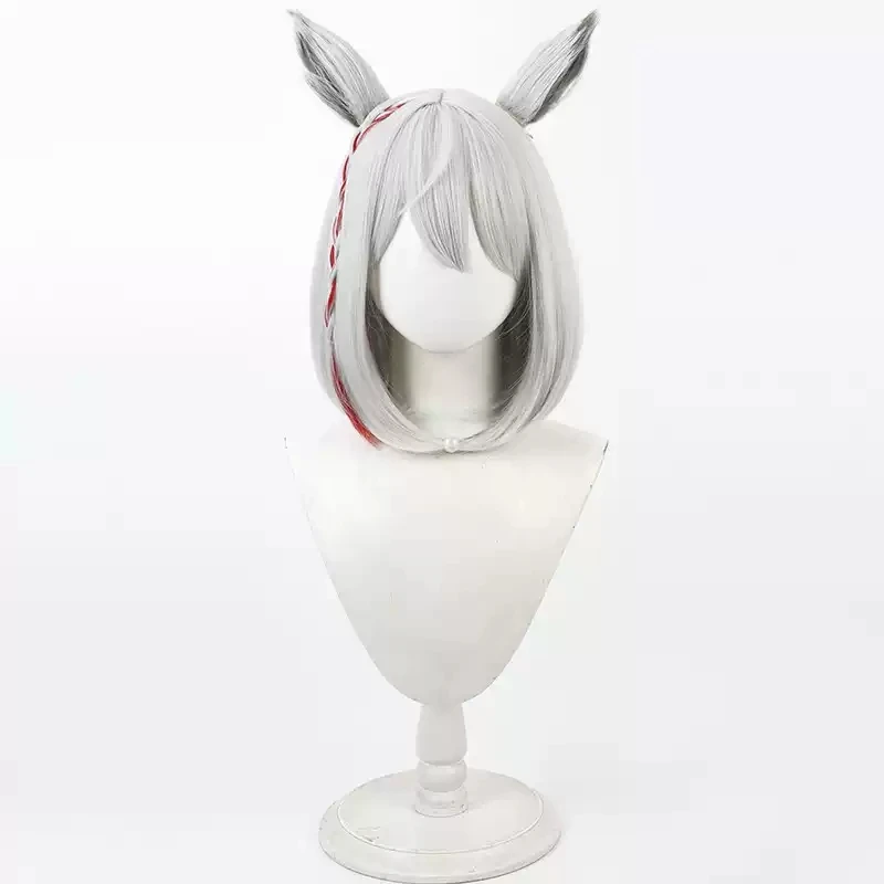 Xenoblade Chronicles 3 Masatsugu Saito Cosplay Wig 35cm Short Silver White Mixed Red Wig with Ears Heat Resistant Synthetic Hair